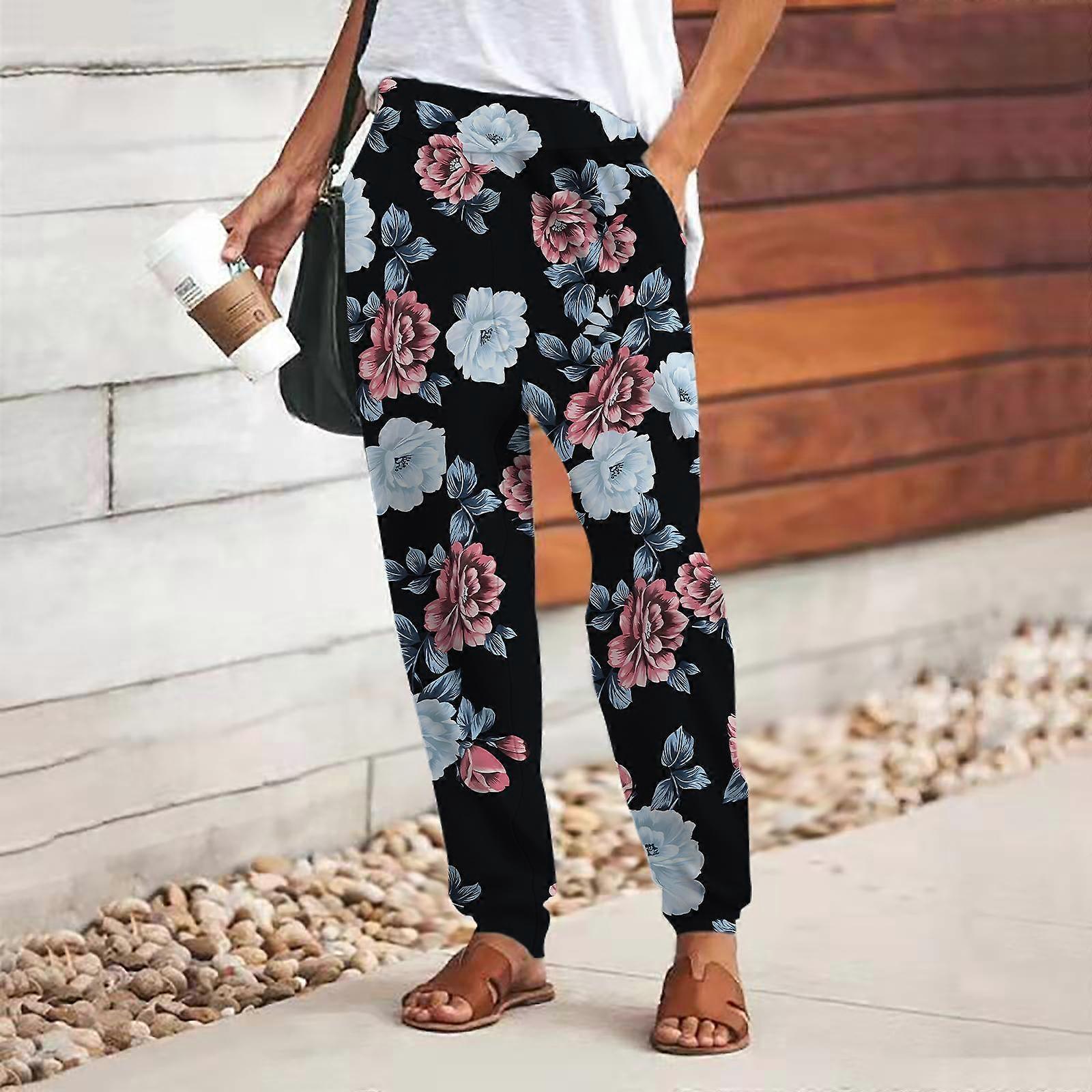 Kvinnor 3D Rosa Blommor Tryck Byxor Snörning Elastisk midja Lösa byxor Casual Långbyxor Byxor med fickor
