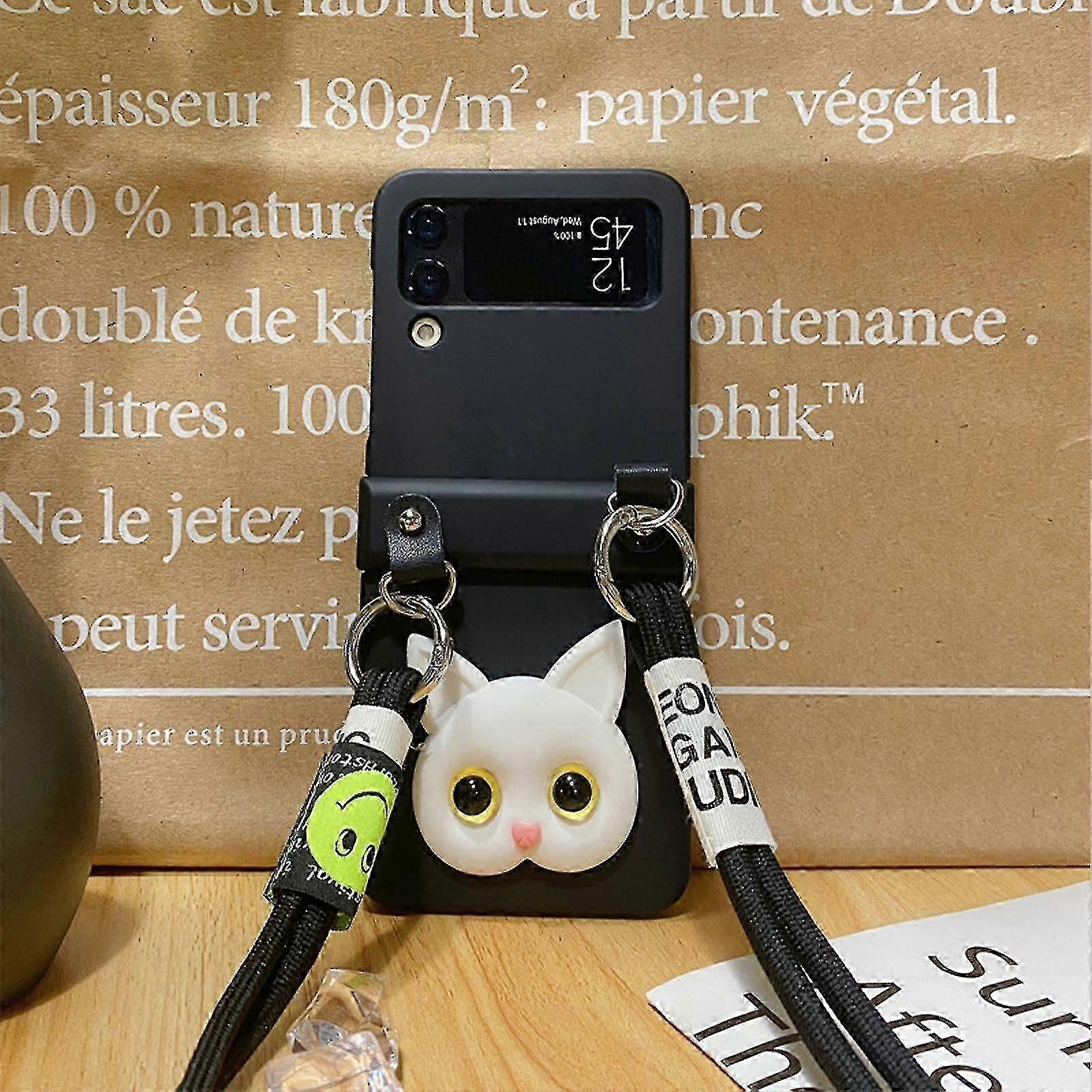 Samsung Galaxy Z Flip 3/4 ile Uyumlu Kılıf, Çapraz Gövde Kordonlu Sevimli 3d Kedi Sert Pc Koruyucu Kapak