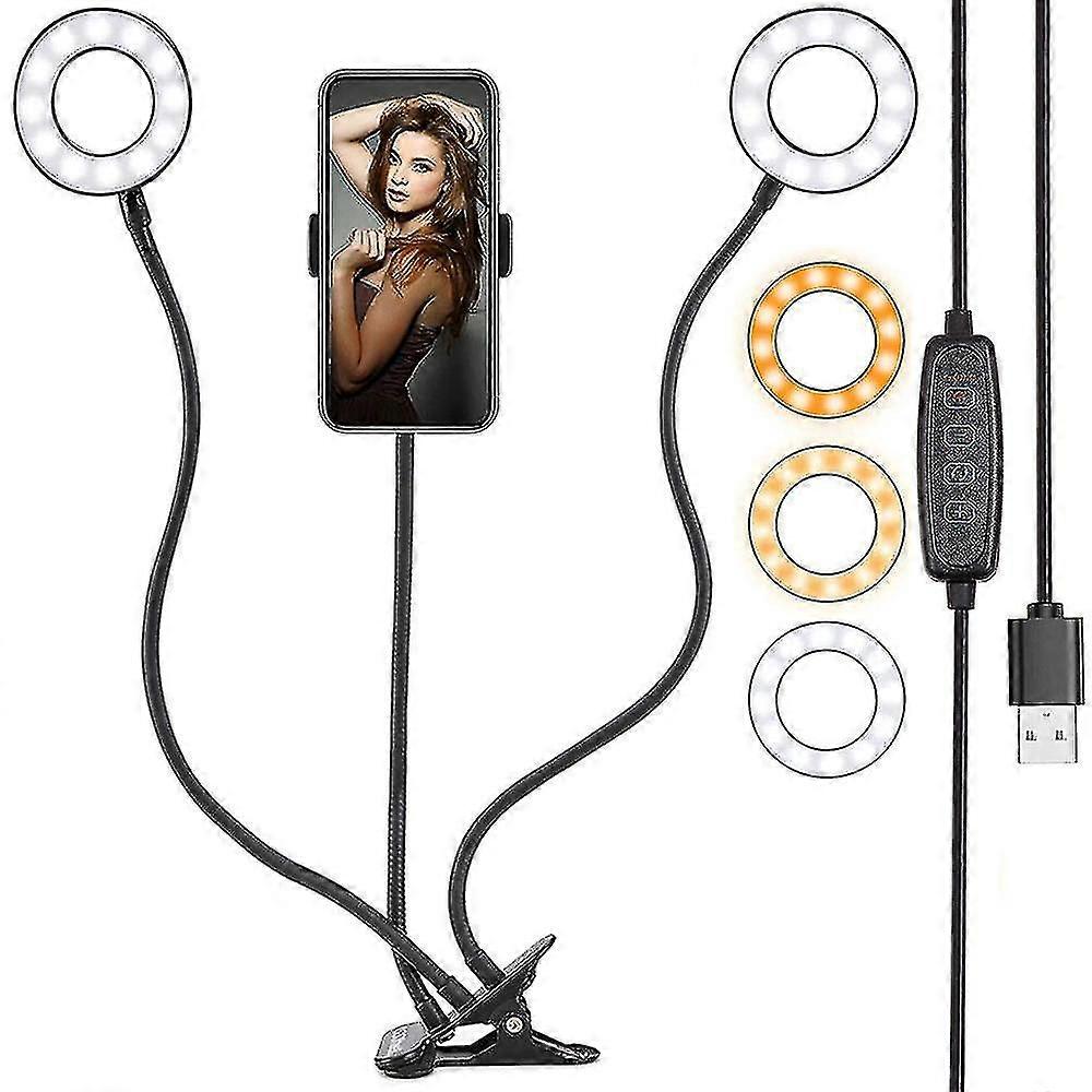 Live - streaming Stand, with Dual Flexible Ring Lights, USB - Powered, 3 - Level Dimmable, and Phone Clip for Mobile Devices