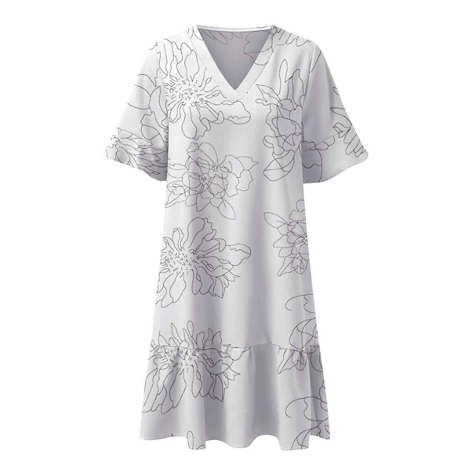 Fashion Loose Short Skirt Women Sweet Style Ruffle Sleeve Dress Vintage Sexy High Waist Pleated Dress for Seaside  white flowers XL