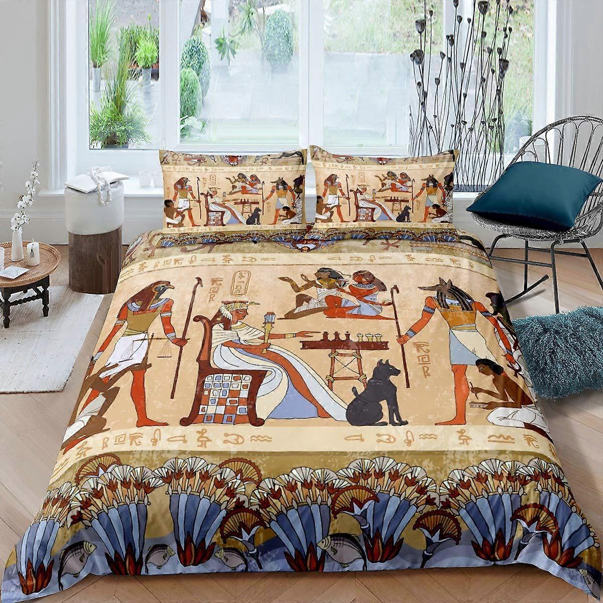 Ancient Egypt Bedding Set King Size Duvet Cover 3-Piece Set Multi-Color Retro Egyptian Pattern Bedspread Comforter Cover