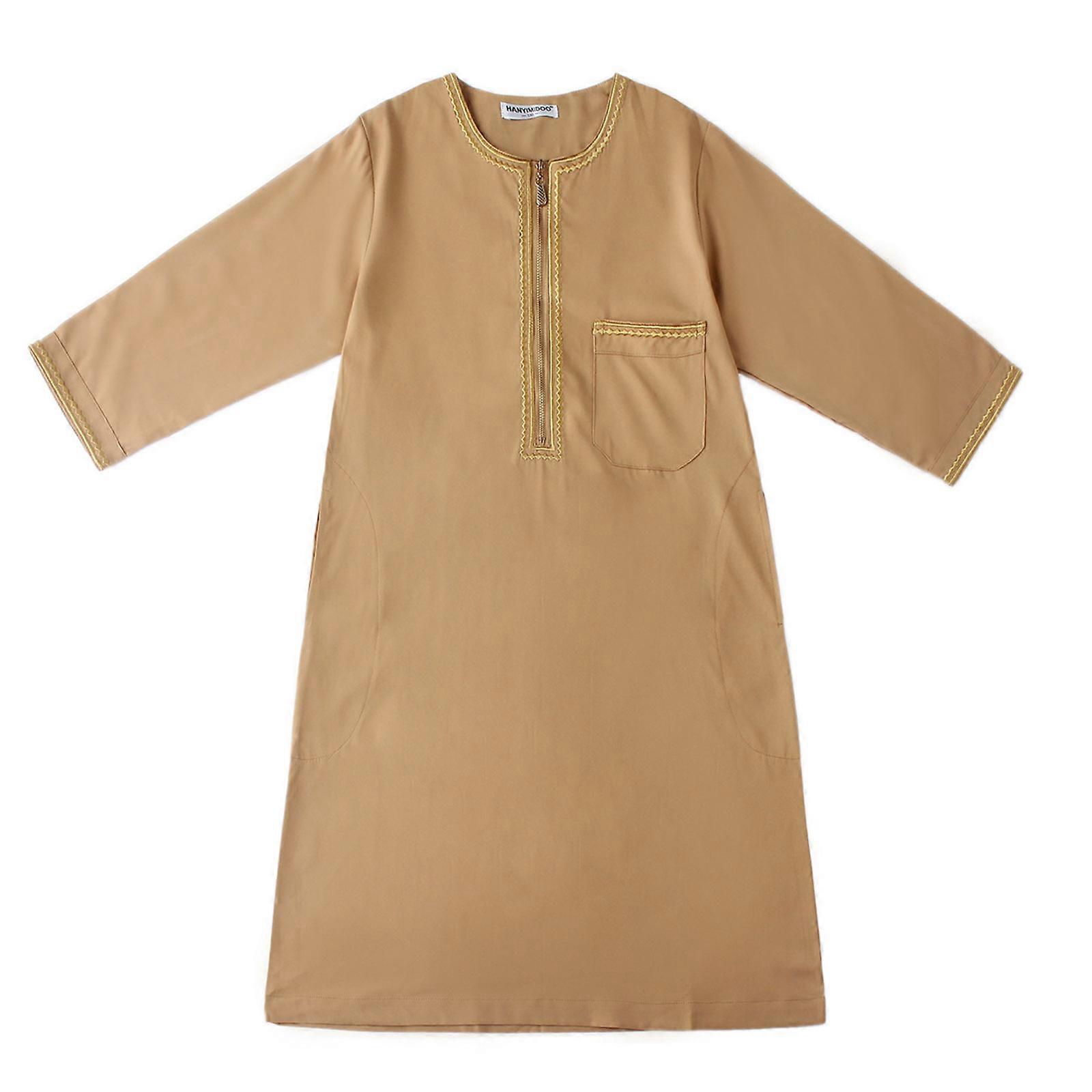 Vestaglia musulmana confortevole bambini caftano manica lunga colletto rotondo abbigliamento musulmano adolescenti Abaya Medio Oriente Jubba Thobe cammello 110 cm