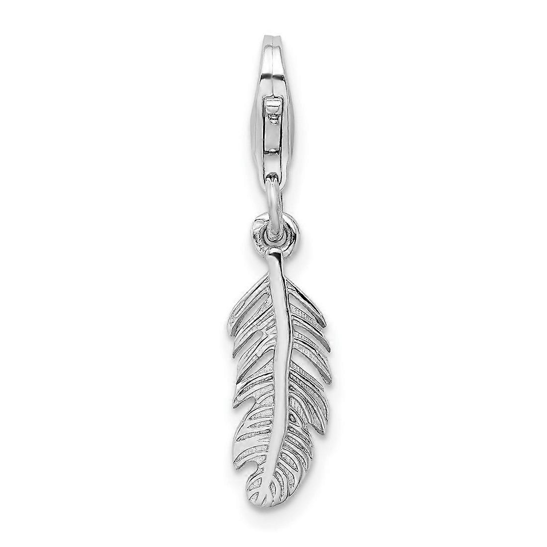925 Sterling Silver Fancy Lobster Closure Rhodium Plated Polished Feather Charm Pendant Necklace for Women