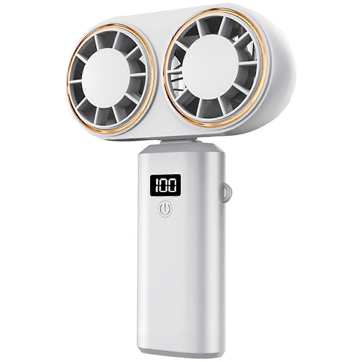 Ventilador portátil com carregamento USB e display digital duplo, branco