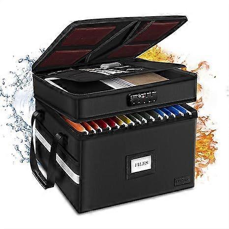Fireproof Document Box with Lock, 2 Layer File Cabinet Organizer with 5 Tab Inserts, Portable Office Collapsible File Storage with Reflective Strip fo