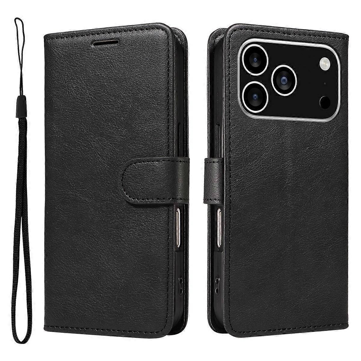 Compatible For iPhone 17 Pro Leather Wallet Case with Strap Solid Color Phone Stand Cover
