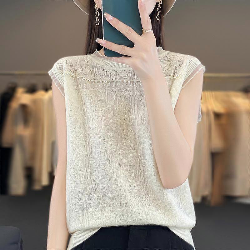 INDFS Women's Fashion Casual Summer Spring Solid Color Print Sleeveless O-Neck Blouses & Shirts