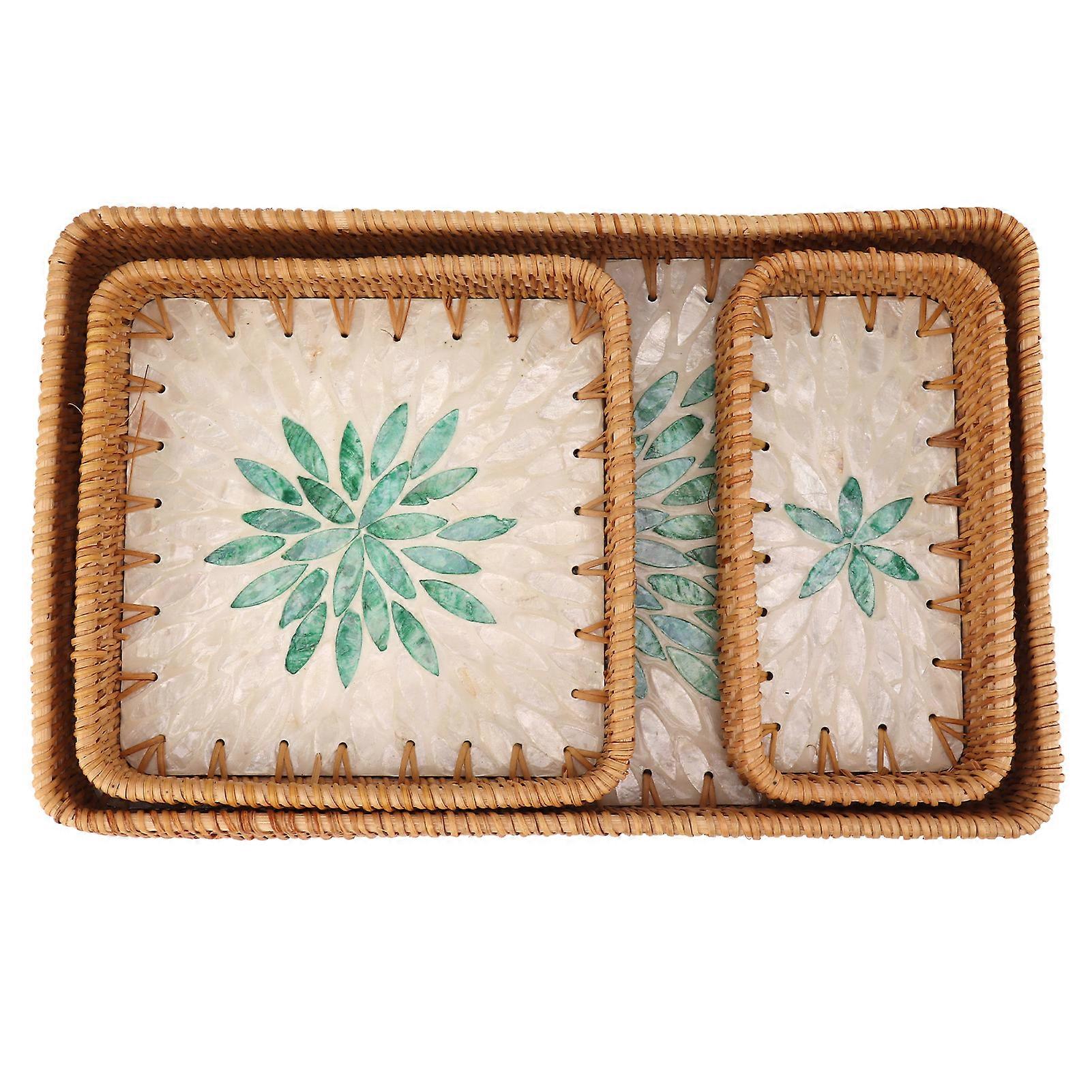 3 Pcs Rattan Fruit Tray Rectangular Fruit Tray Multi Purpose Storage Tray for Home Restaurant Middle Green Leaf 