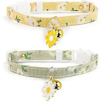 Lot de 2 collier de chat en coton avec cloche, pendentif floral jaune et vert pour chatons