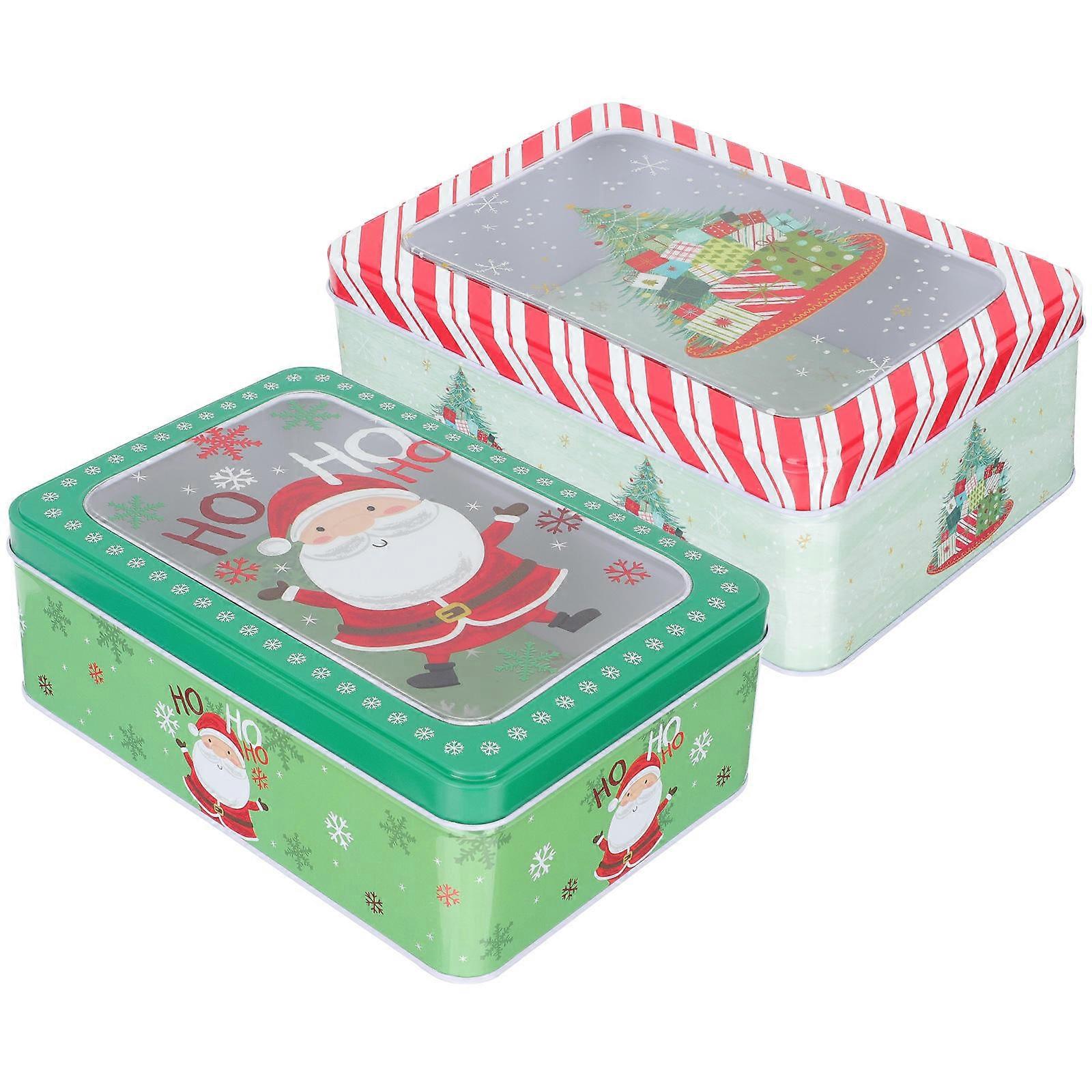 Christmas Tinplate Can Storage Box For Candy Tins And Tea Leaves With Clear Window 2Pack