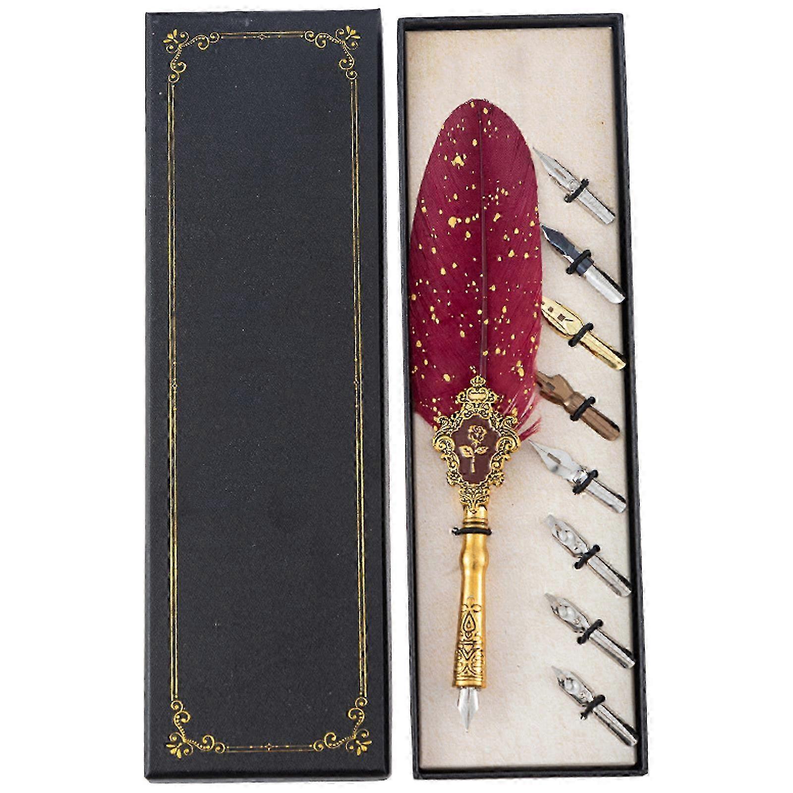 Antique Quill Pen with 8 Replaceable Tips for Writing, Drawing, Wedding Invitation, Feather Calligraphy Pen for Beginner wine red 2025