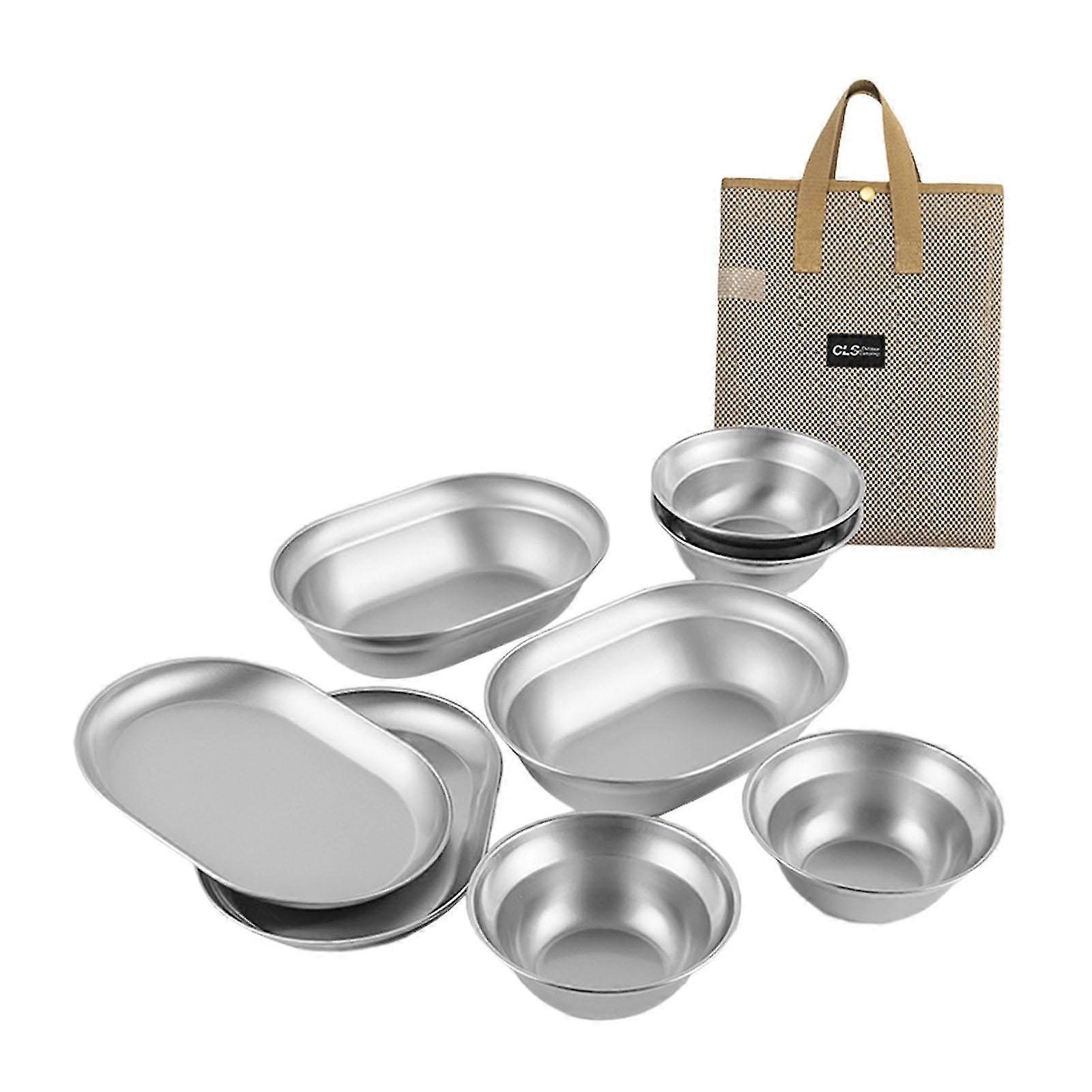 Camping Cookware Set with Stainless Steel Plates and Bowls, Includes Carrying Bag and Utensils
