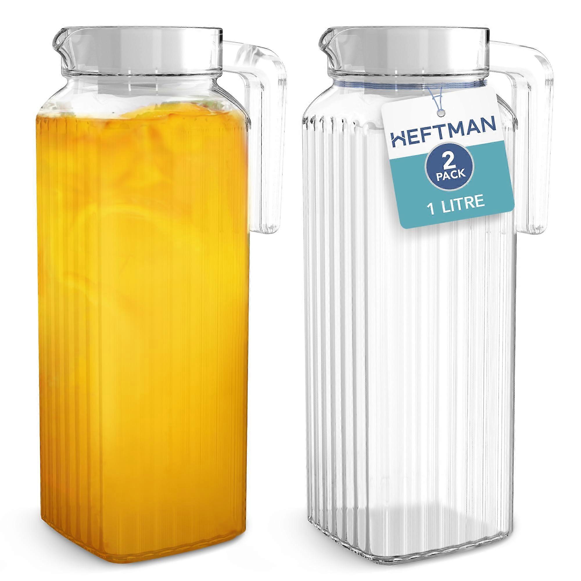 Glass Water Jug for Refrigerator - 2 Pack 1 Litre Ribbed Design Water Jugs with Leak-proof Spout and Vented Lid