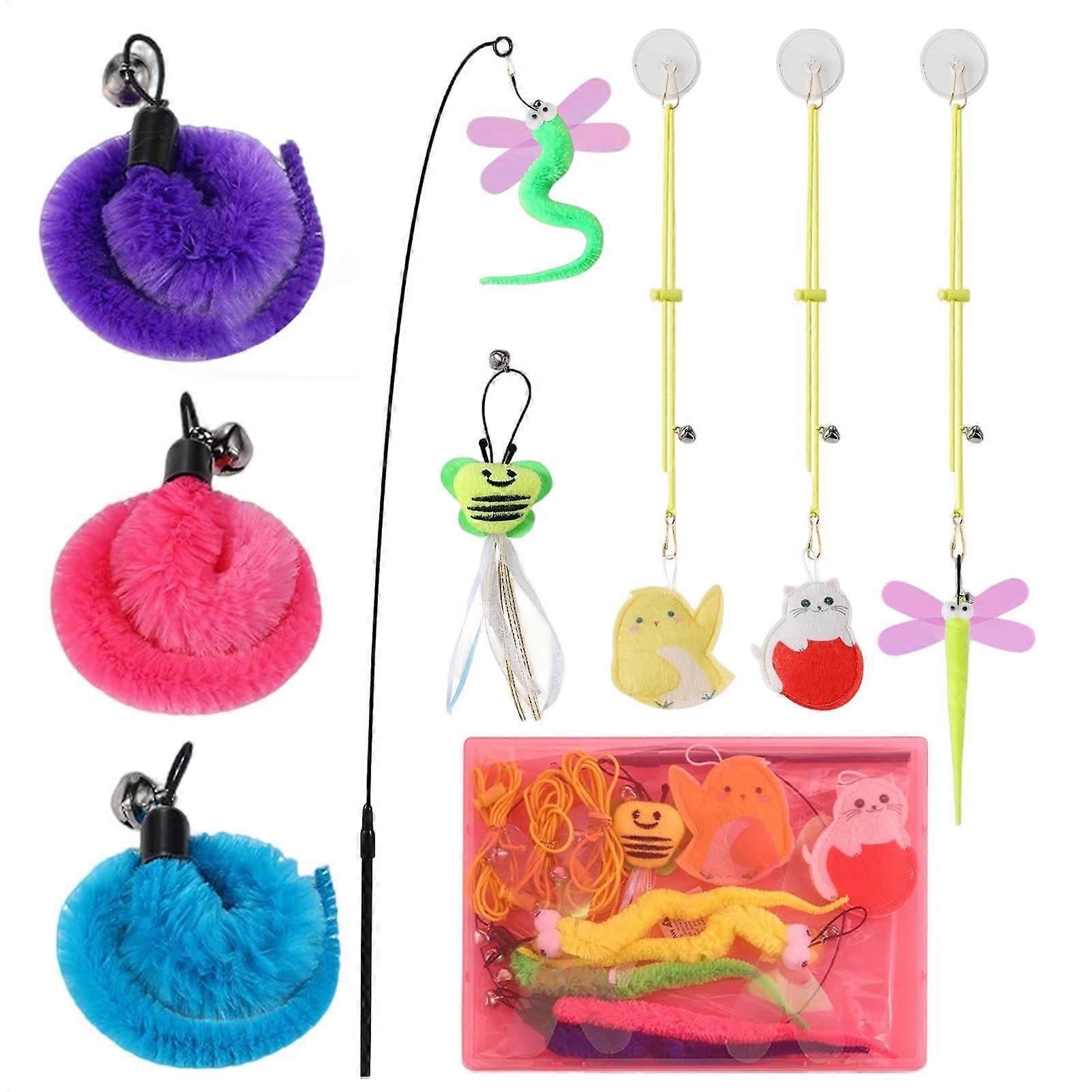 Cat Toy with Feathers, Interactive Retractable Wand for Indoor Cats, Includes 9 Replacement Teasers, Suitable for All Breeds