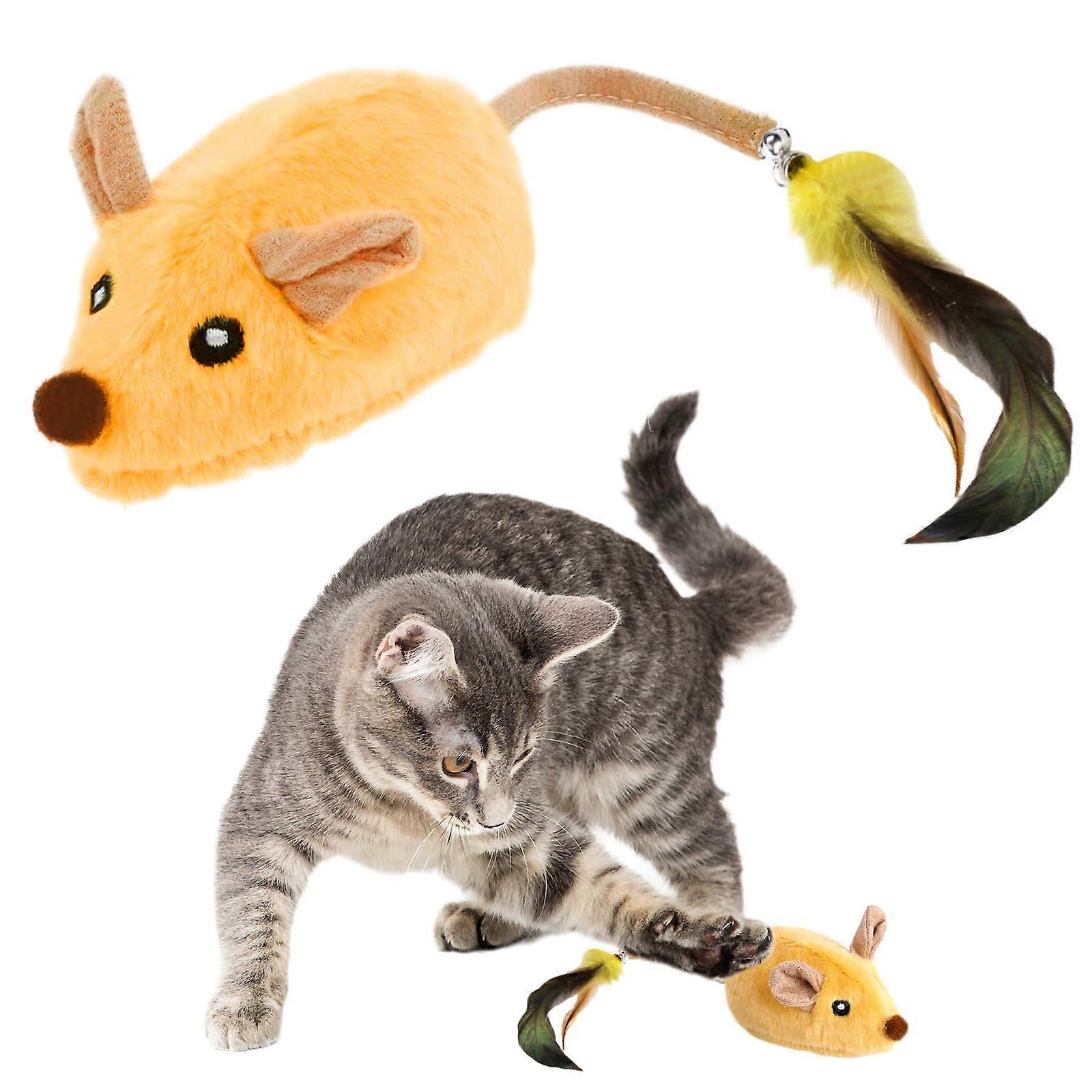 Electric Cat Toy Play Mouse with Feather Tail, Interactive Cat Mice, 2 Working Modes, Yellow Color, Fun for Cats
