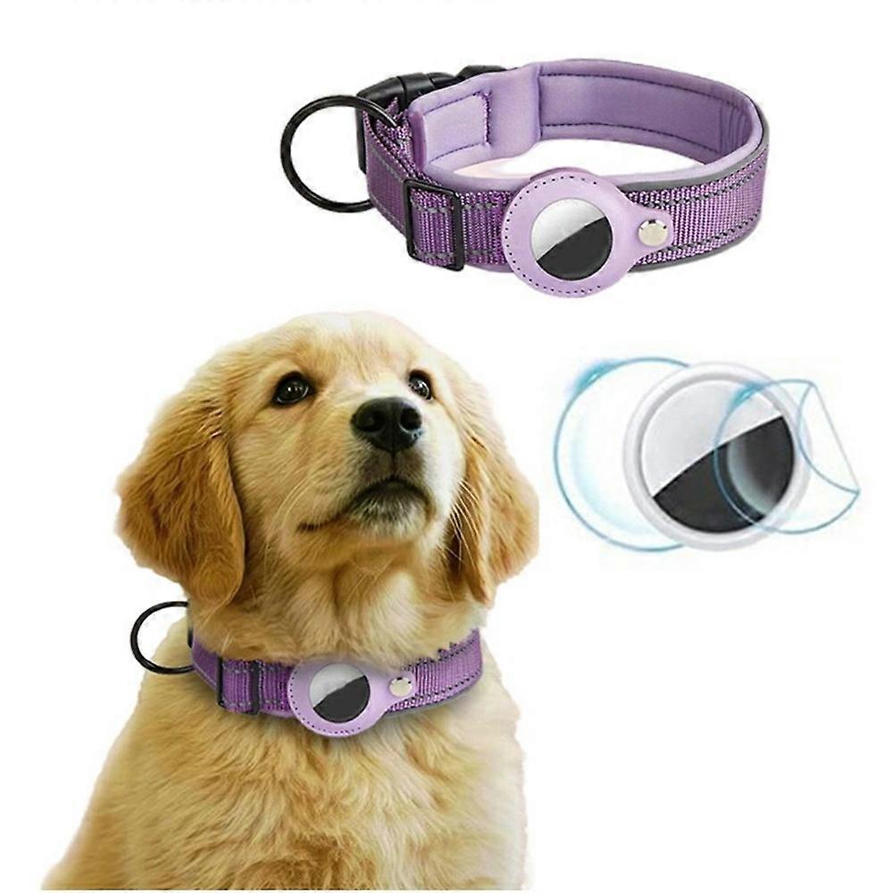 Reflective PU Leather Pet Dog Collar for AirTag Smart Tracker Holder Case, Size: XL Purple