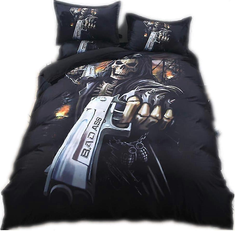 3D Skull Family Bedding Set - Housse de couette en microfibre de polyester doux avec taie d’oreiller