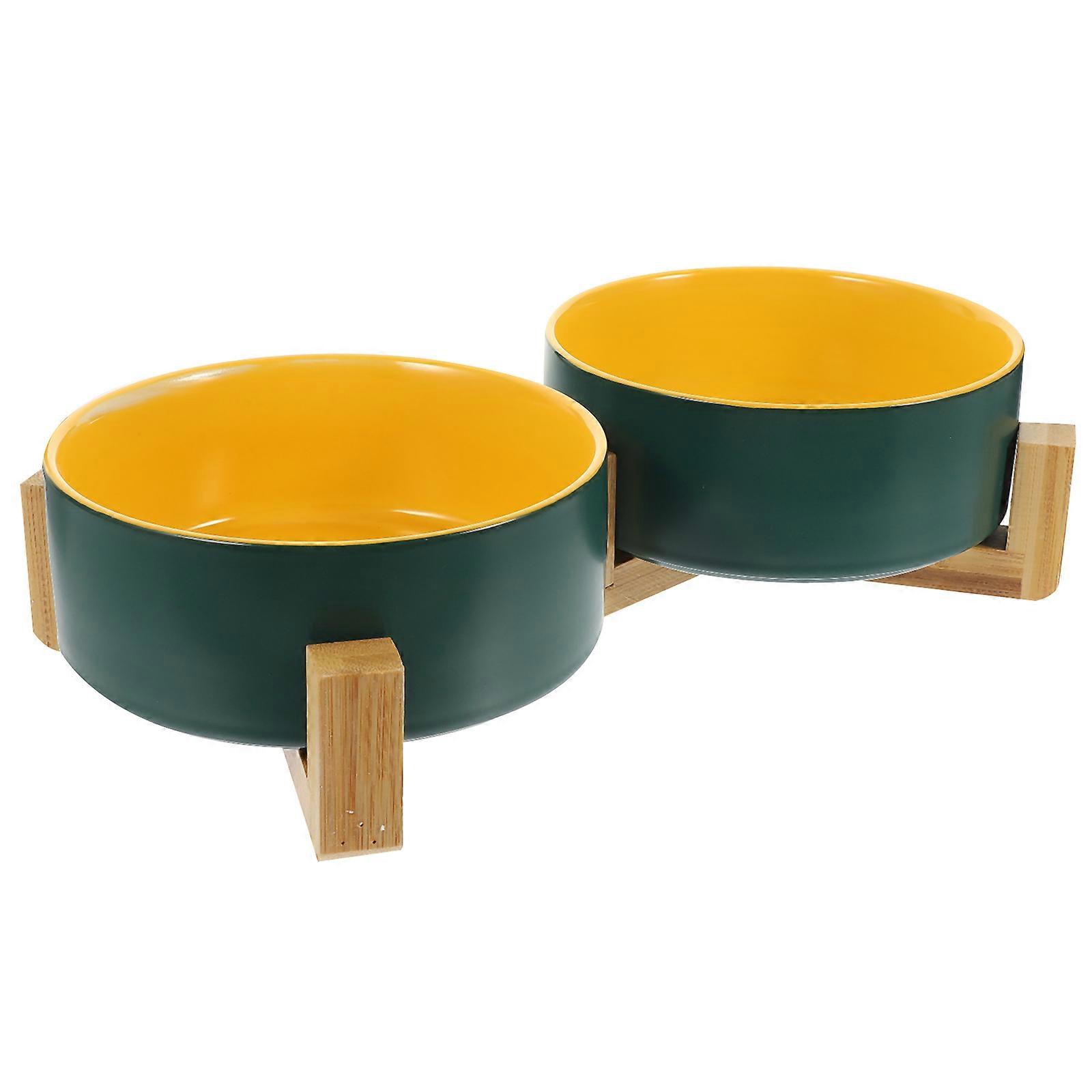 Ceramic Pet Bowl with Wood Stand for Feeding Dogs and Cats Multi Size 1 Set