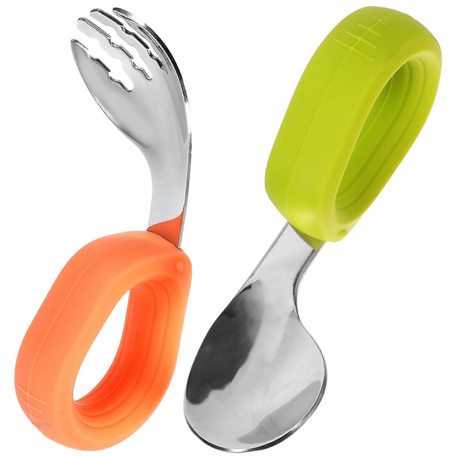 Toddler Spoon and Fork Set in Assorted Colors for Home Baby Feeding Gadget with Silicone and Stainless Steel Handle