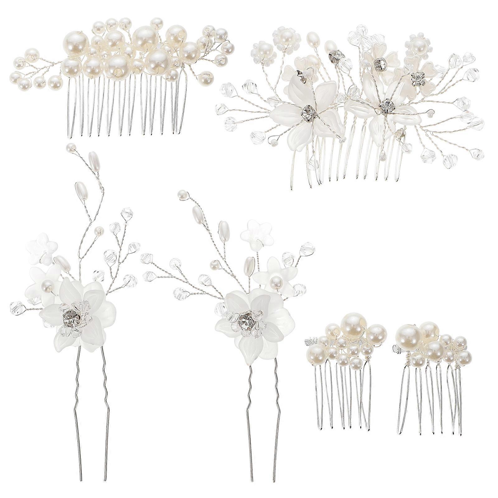 مجموعة أمشاط ودبابيس شعر زهرة اللؤلؤ الأنيقة لتزيين الزفاف 6 قطع
