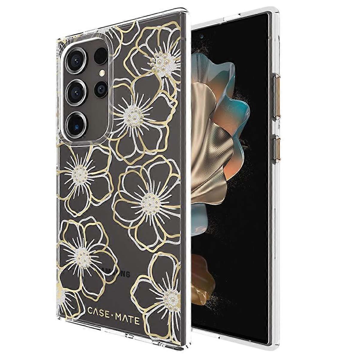 Case for Galaxy S24 Ultra Floral Gems Pattern Elegant Hard, Gold