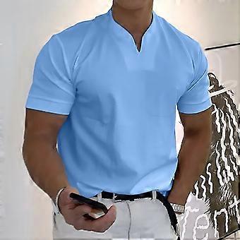 Men's V Neck Fitness T Shirt 3XL Cotton Pocket Soft Breathable Short Sleeve Summer Gym Top Light Blue Elastic