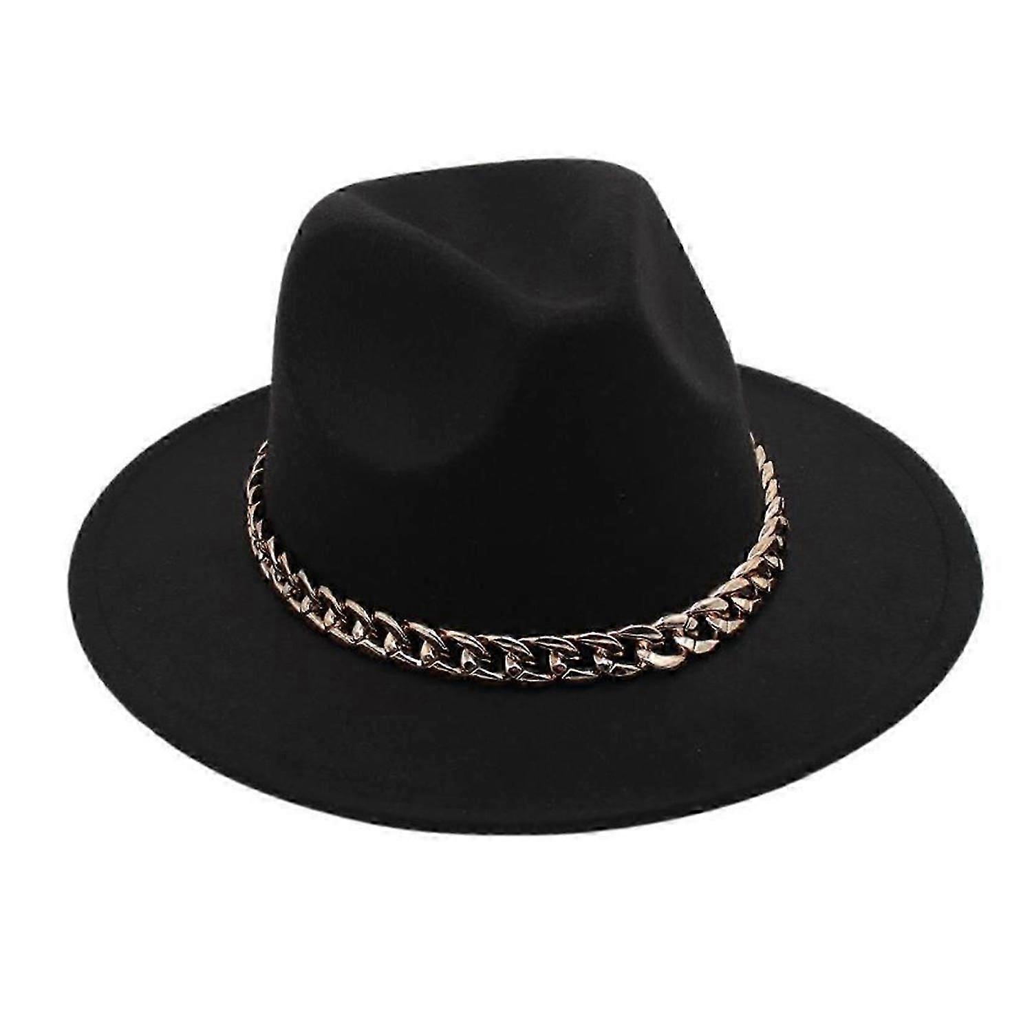 Performance Hat Thick Chain Decor Dome Solid Color Jazz Hat Wide Brim Retro Photo Prop Fedora Winter