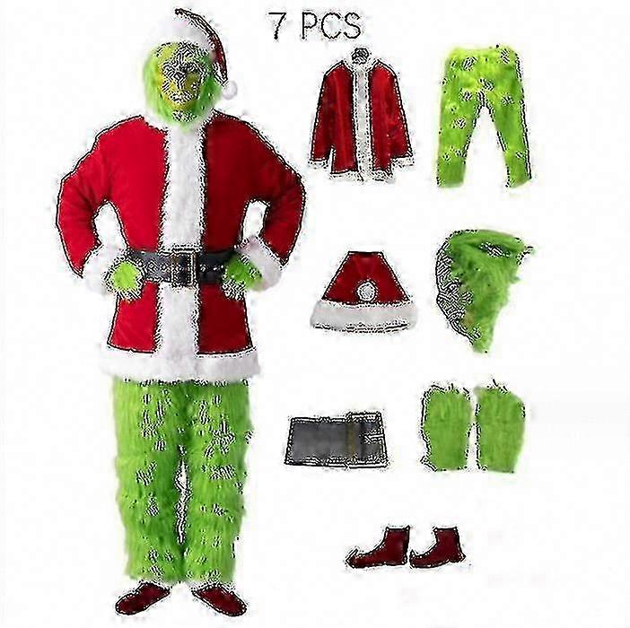 7 قطع مجموعة زي عيد الميلاد Grinch للبالغين مع قناع - زي سانتا