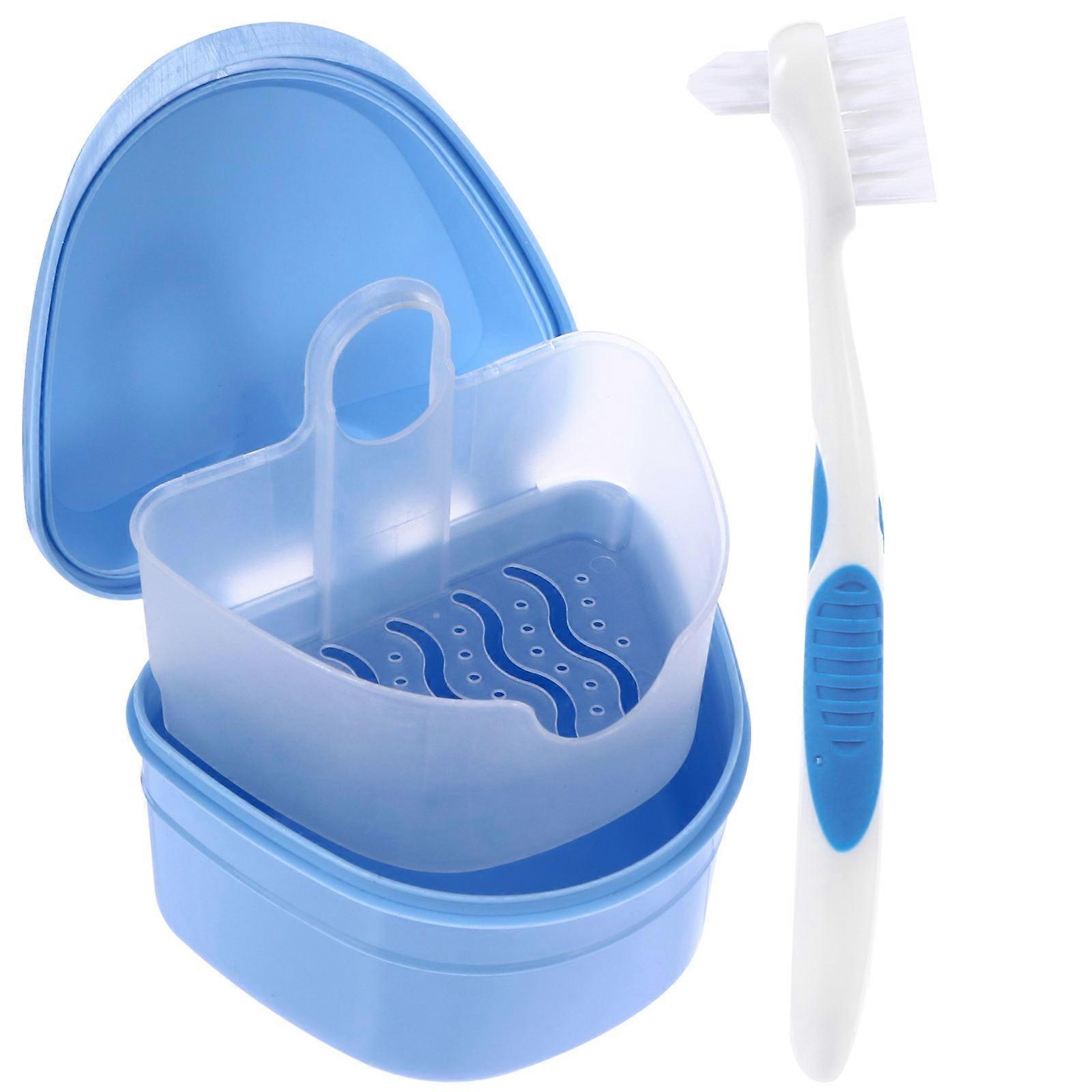 Blue Denture Case for Storage 2Pcs with Brush and Bath Soaking Container