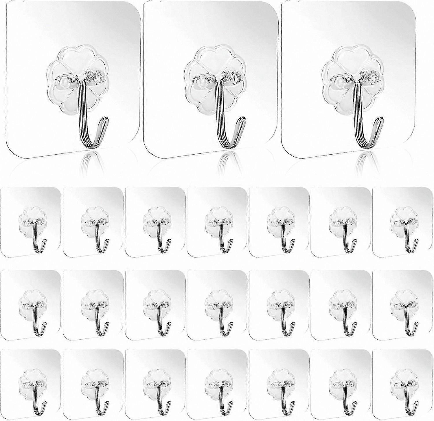 Transparent Self-Adhesive Hooks, 30 Pack, Max Load 10kg, Clear Wall Hooks for Home and Office Use