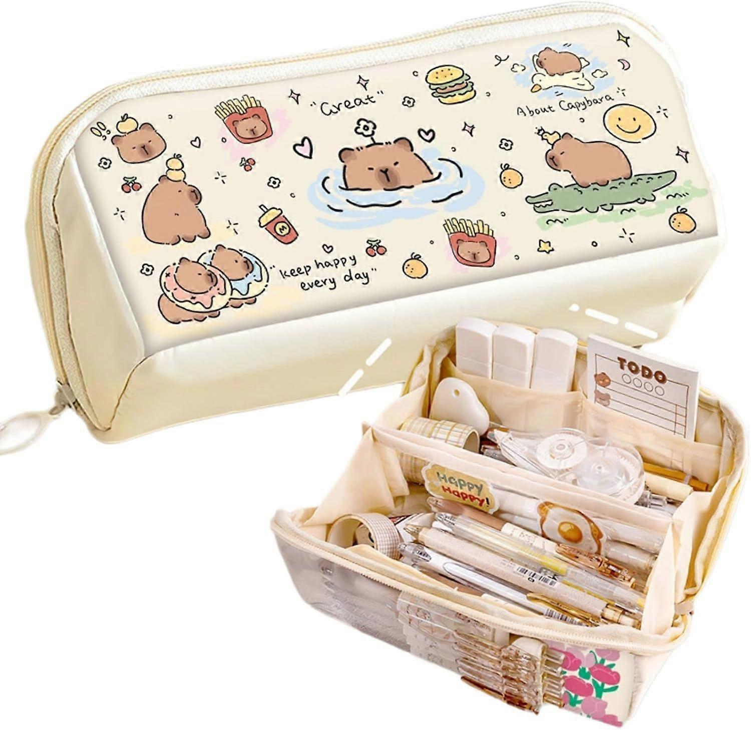 Large Capacity Multi-Layer Pencil Case - Quirky Cute Capybara Print (Beige)