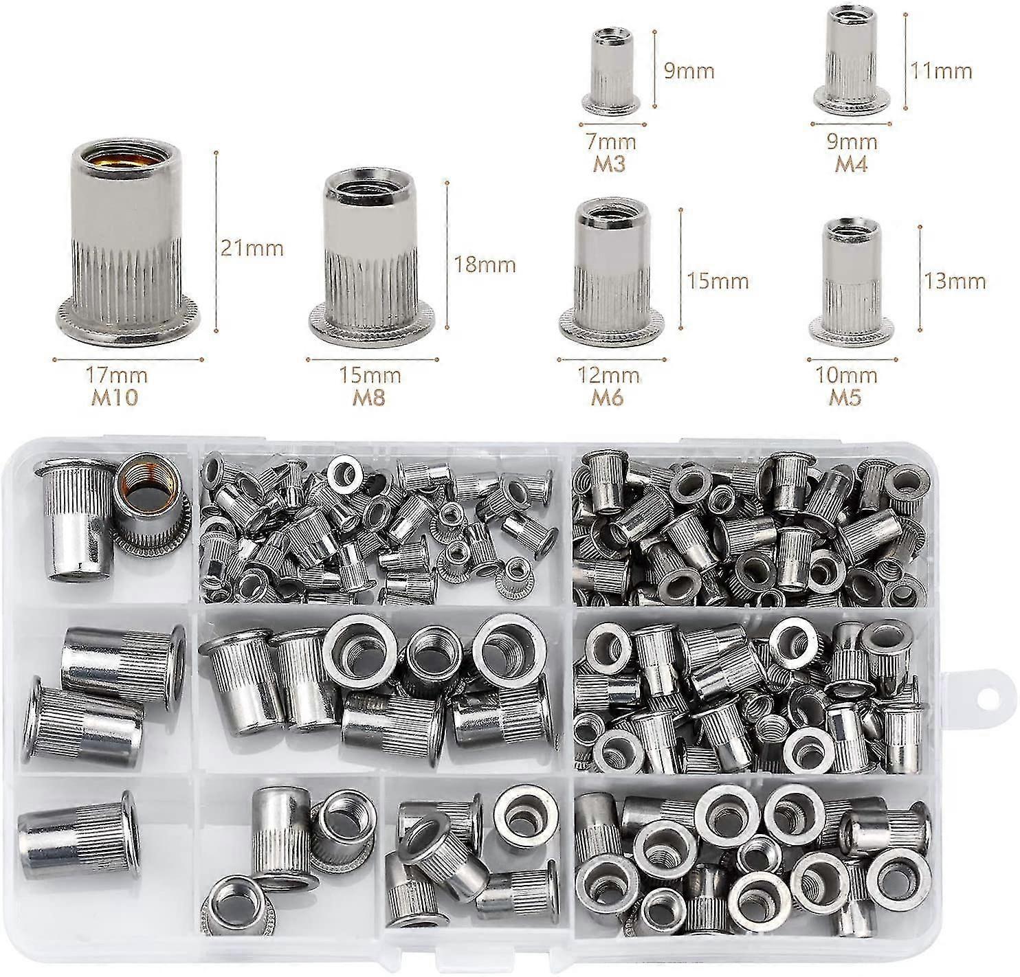 165 Pack Stainless Steel Rivet Nut, Nut Tool Flat Threaded Head Rivet