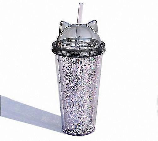 420ml Cat Ear Water Bottle with Sequins for Girls, BPA Free Double Wall Tumbler with Straw, Reusable Smoothie Cup Drinkware