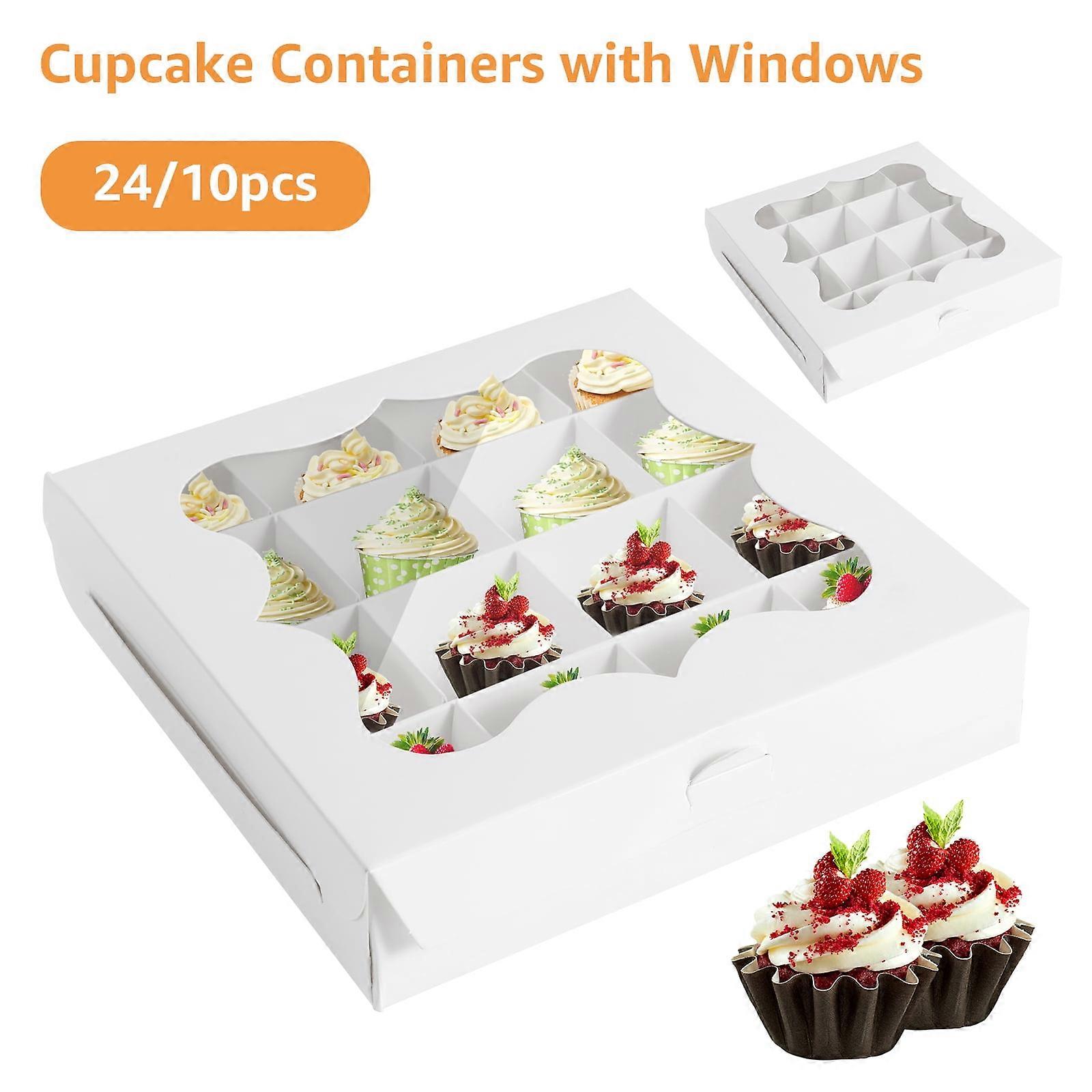 24/10Pcs Paper Cake Boxes with Clear Window 16 Grids, DIY White Bakery Gift Boxes for Cupcakes, Cookies, Chocolates, 15x15x3.5cm