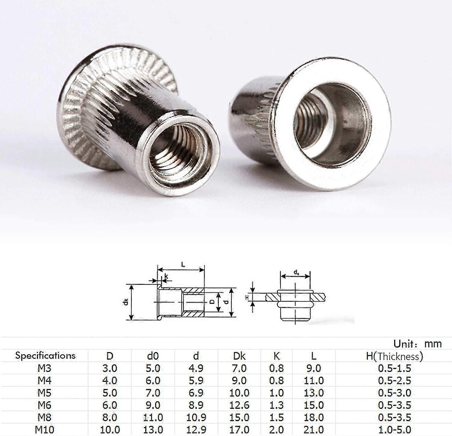 Lot De 165 Acier Inoxydable Rivet Crou, Crou Outil Plat Tte Filete Rivet Nutsert Cap Assortiment Kit M3 M4 M5 M6 M8 M10, Otil De Rparation De Fixation