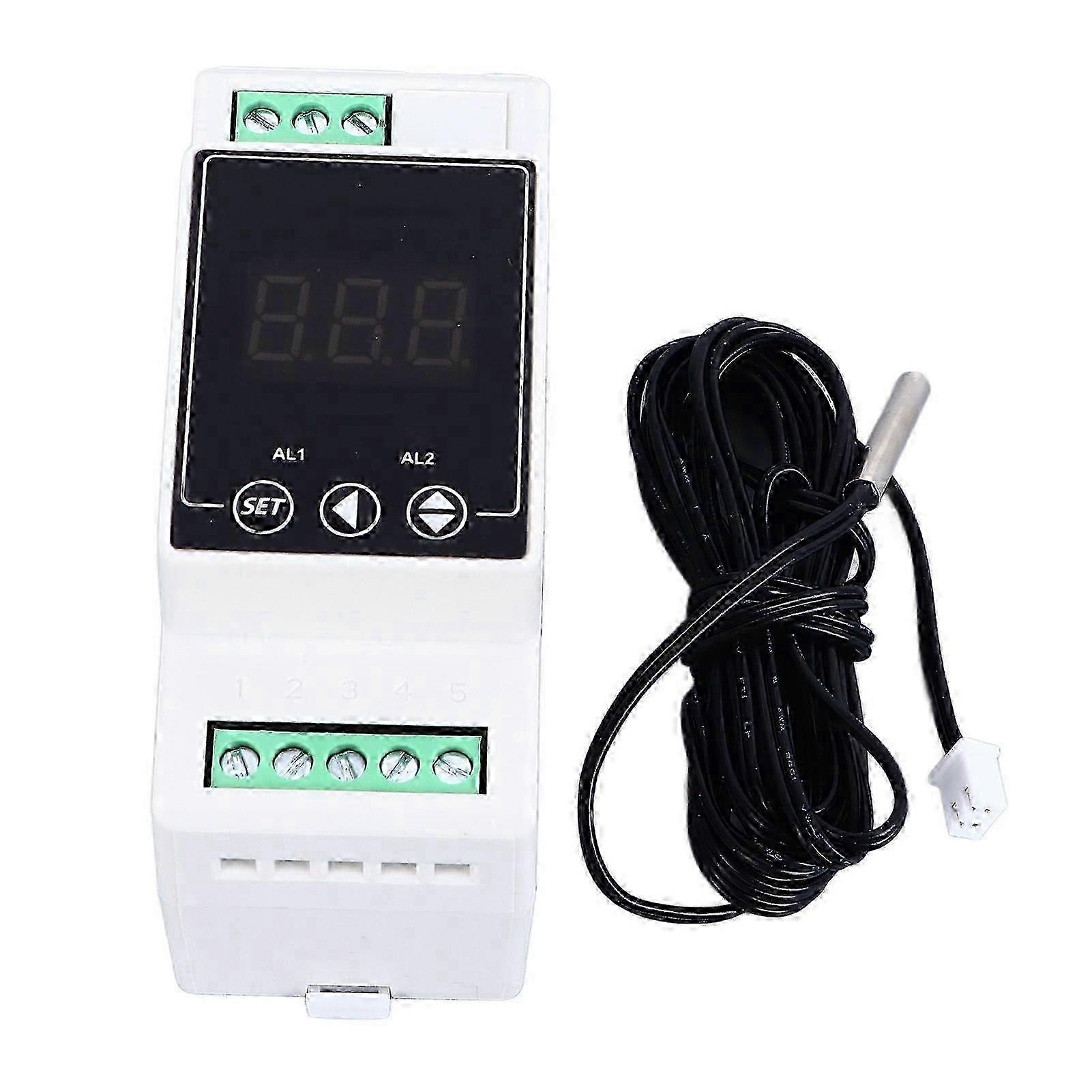 Guide Rail Temperature Controller Heating Cooling Digital Thermostat 2 Relays Cylindrical Probe 2 Meter AC100-240V