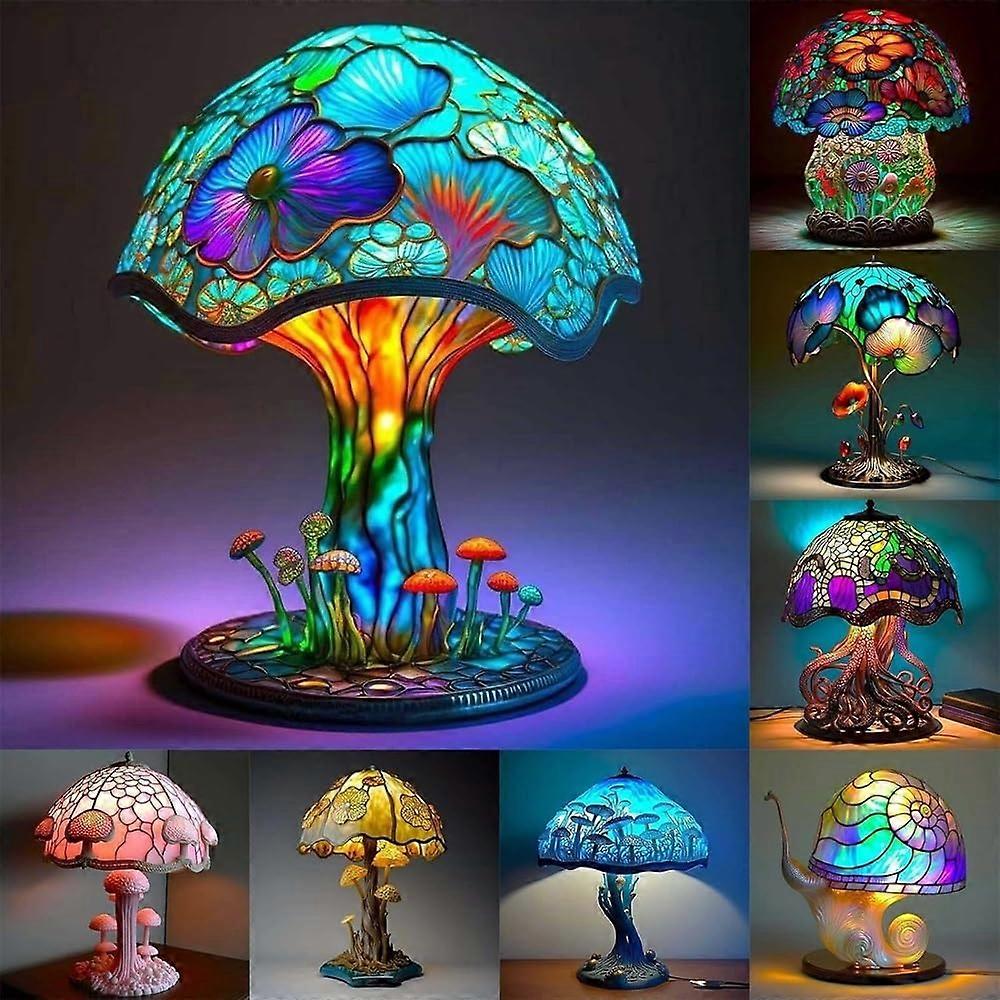 Stained Glass Table Lamp With Resin Plant Motif, Animal Design, Soft Night Light, Colorful