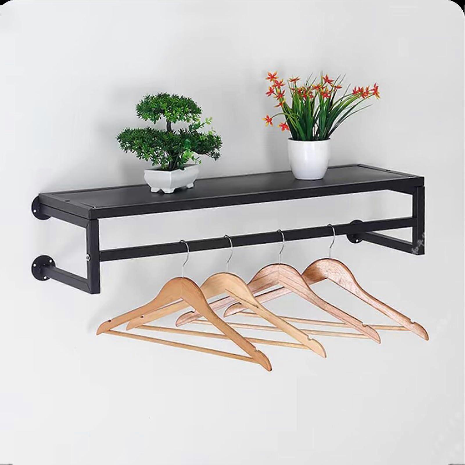 Wall Mounted Wardrobe Shelf with Hanging Rail 100cm Space Saving Storage for Clothes Black 60cm