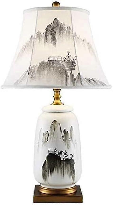 Chinese Style Ceramic Table Lamp with Retro Ink Design and Linen Shade for Bedroom or Living Room