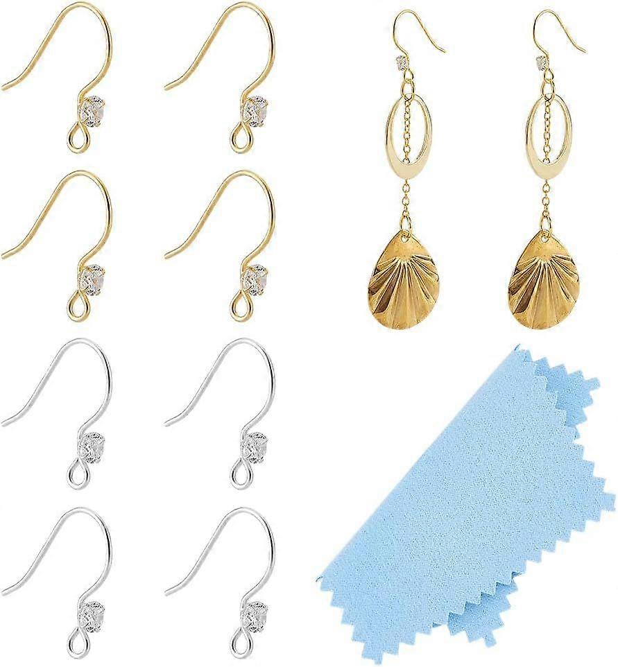 8pcs 2 Colors Ear Hooks 925 Sterling Silver French Hooks Rhinestone Ear Wires Dangle Finding Hook with Loops for Jewelry Making Earring Findings 16x3m