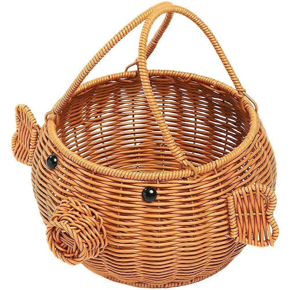 Woven Storage Basket Cute Pig Shaped Basket with Handle for Picnic Fruit Kitchen Home Decor
