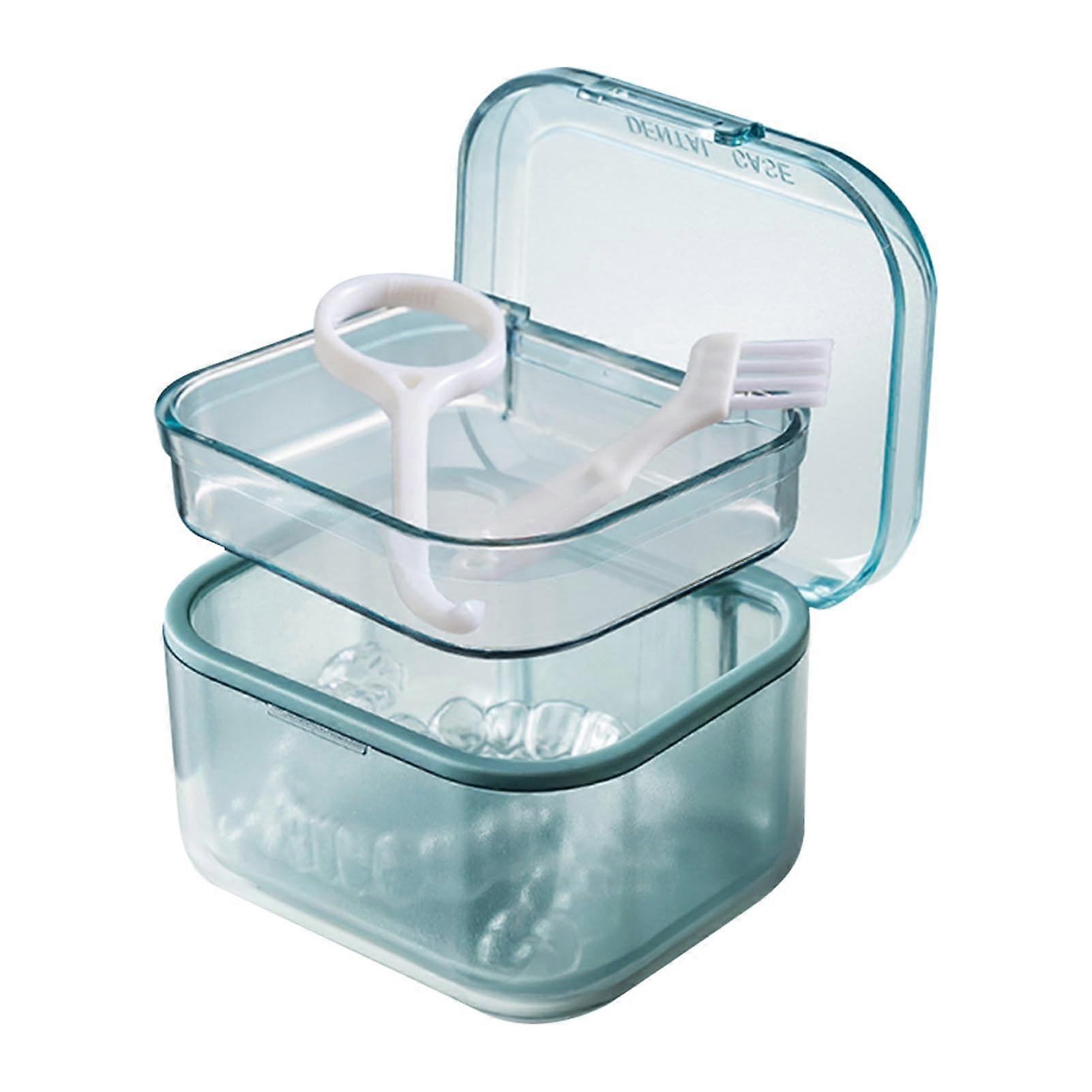 3 Layer Retainer Case with Drain Storage, Durable PC Plastic Denture Box, OdorSealing Design, Blue