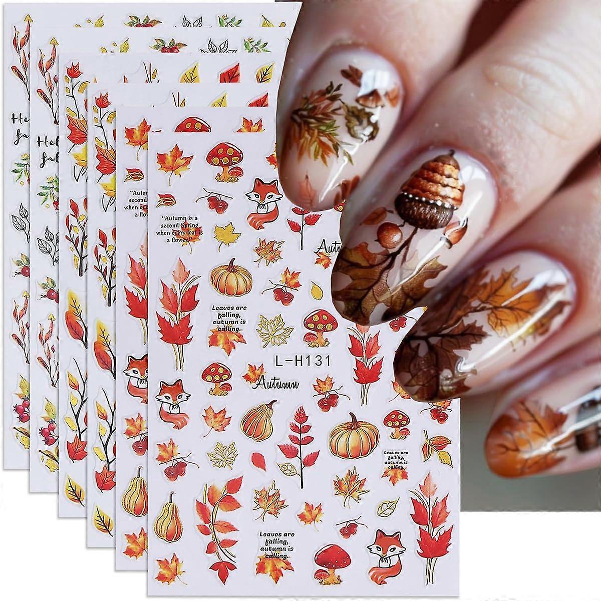 Fall Nail Art Stickers 3D Self Adhesive Maple Leaf Pumpkin Ghost Fox Pinecone Halloween Designs 6PCS