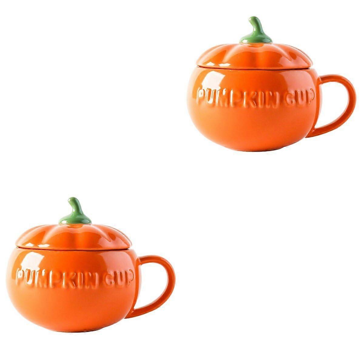Pumpkin Coffee Mug Set with Lid, Durable Ceramic Halloween Cups 2PCS for Fall Party Decor