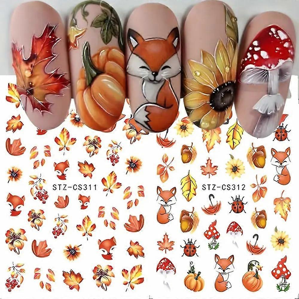 Fall Nail Stickers 3D Maple Leaf Pumpkins Foxes Thanksgiving Nail Art Decals 5 Sheets