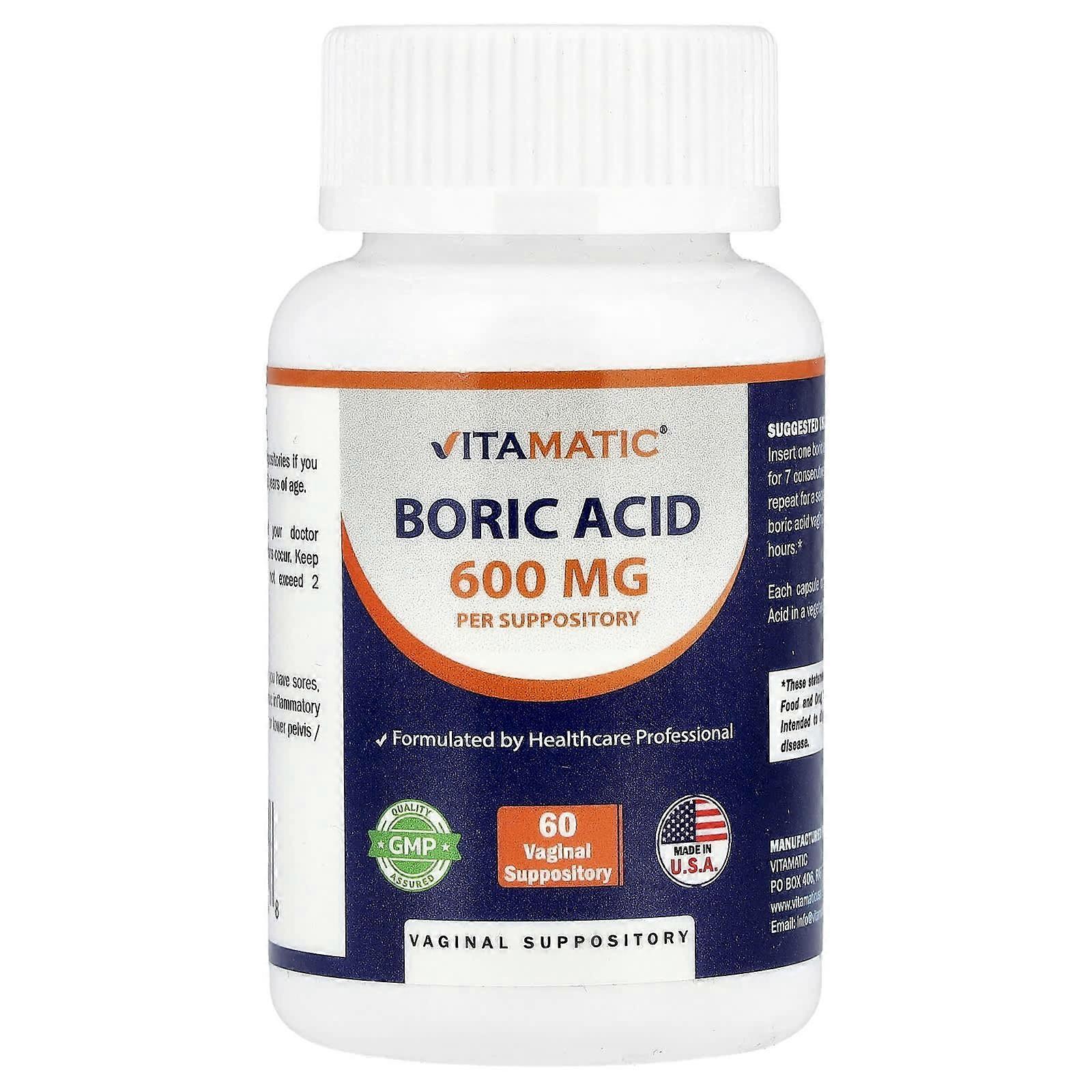 Vitamatic, Boric Acid, 600 mg, 60 Vaginal Suppositories, 2-Pack