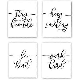 Heytea Unframed inspirerende citaat kunst schilderij, hard werken, vriendelijk zijn, bescheiden blijven, blijven glimlachen Art Print Set van 4 (8 x 10 motiverende zinnen kunst aan de muur voor