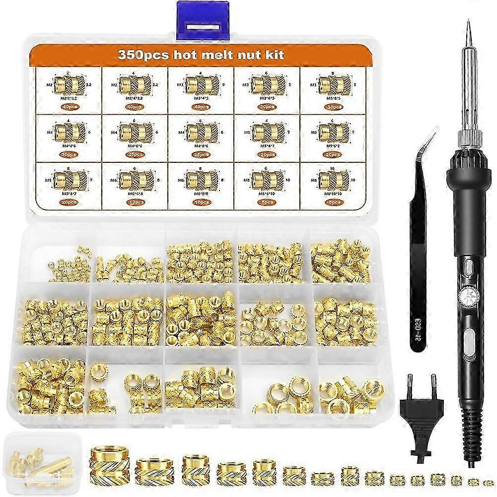 Heat-Set Insert Tip Set,Soldering Iron with 350Pcs Thread Inserts,6Pcs Heat-Set Insert Tips (M2-M8) EU Plug