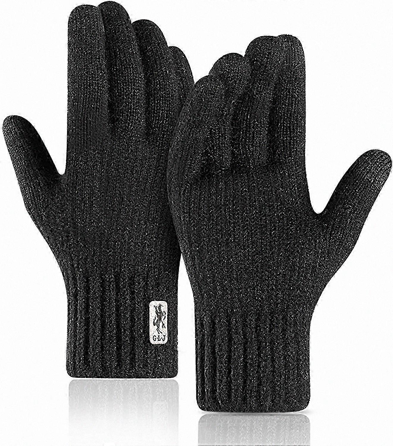 Men's Winter Warmth Fleece-Lined Knit Gloves with Touchscreen Functionality (Black)