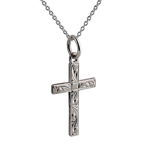 Silver 20x12mm hand engraved solid block Cross with a rolo Chain 20 inches